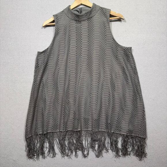 New Directions Sleeveless Mockneck Mesh Tunic Large Gray Fringe 90's Y2K Indie - Picture 1 of 6